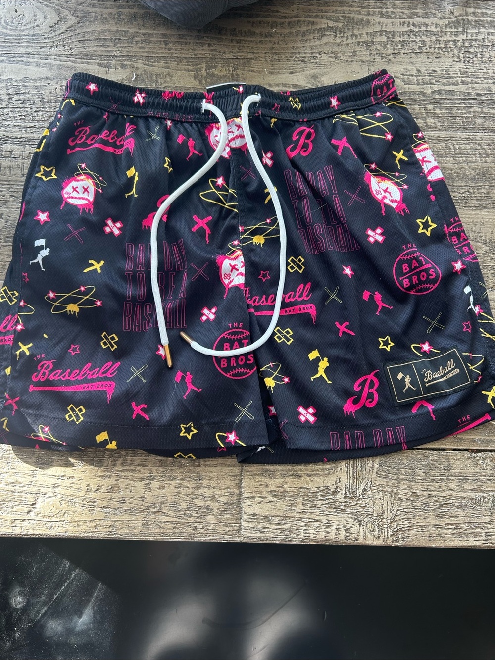 Kids Black Athletic Shorts with Pink & Yellow Baseball Print